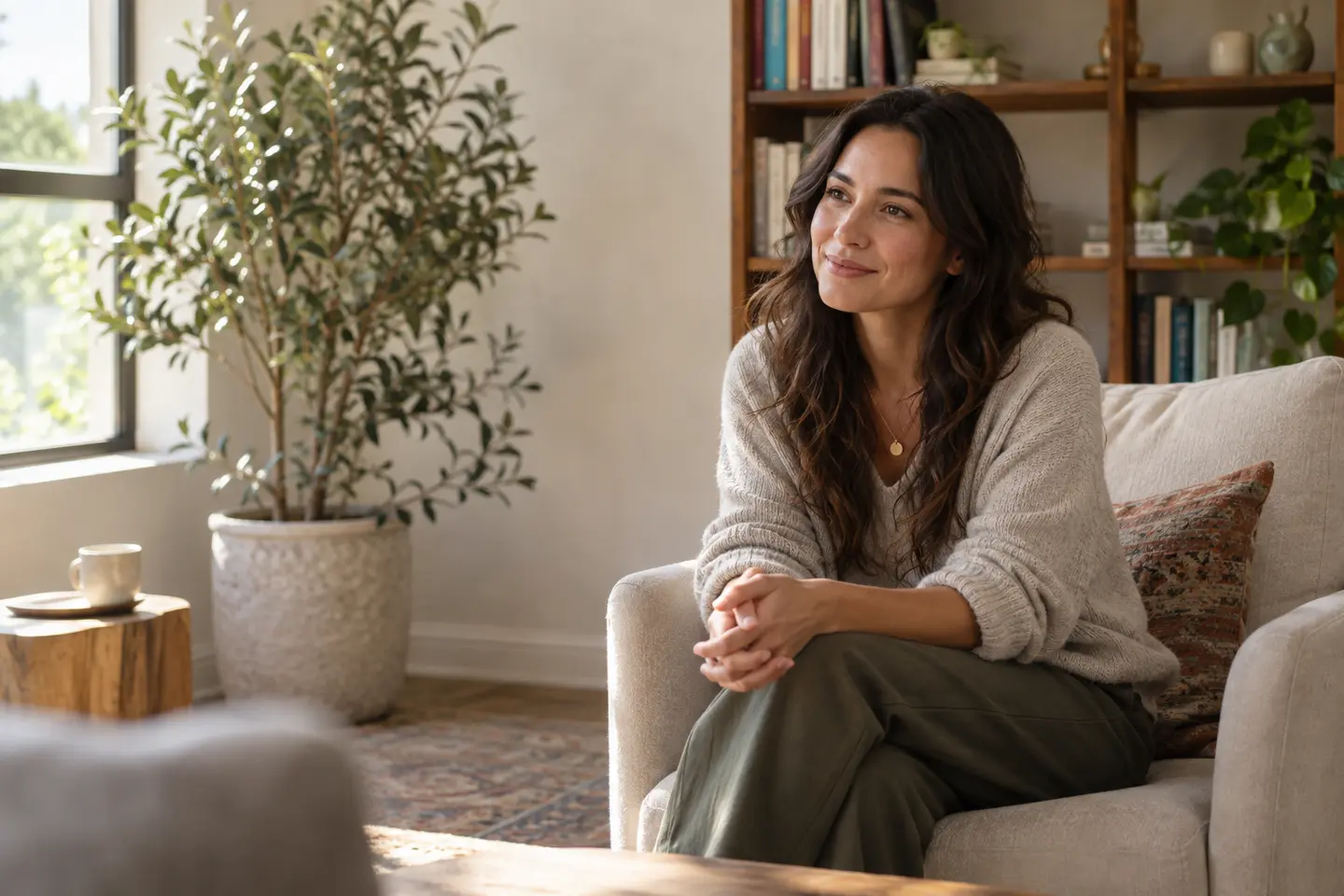 Person seated in a warm, calm therapy setting