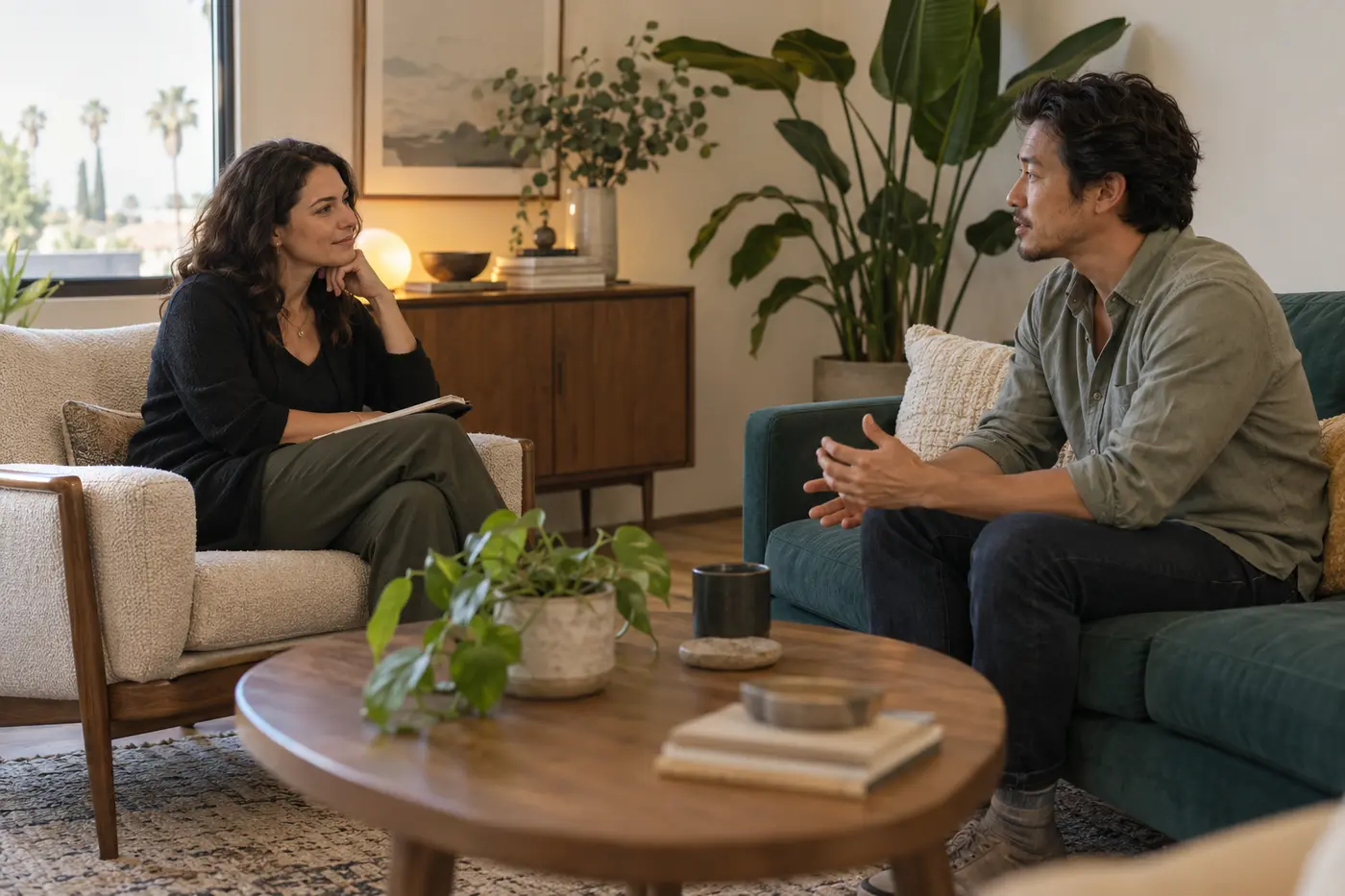 Two adults having a thoughtful conversation in a therapy office